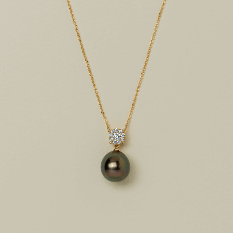 18ct Yellow Gold 12.4mm Black Pearl & Diamond Galaxy Pendant - Necklace - Walker & Hall