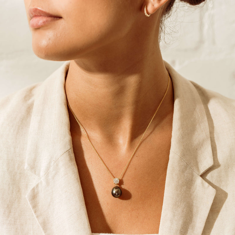 18ct Yellow Gold 12.4mm Black Pearl & Diamond Galaxy Pendant - Necklace - Walker & Hall
