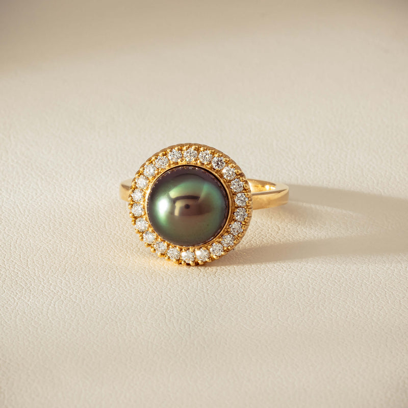 18ct Yellow Gold 10mm Tahitian Pearl & Diamond Daisy Ring - Ring - Walker & Hall