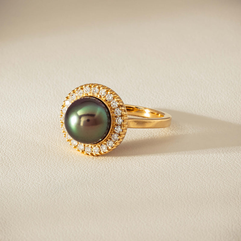 18ct Yellow Gold 10mm Tahitian Pearl & Diamond Daisy Ring - Ring - Walker & Hall
