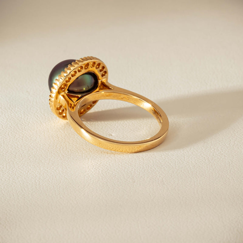 18ct Yellow Gold 10mm Tahitian Pearl & Diamond Daisy Ring - Ring - Walker & Hall