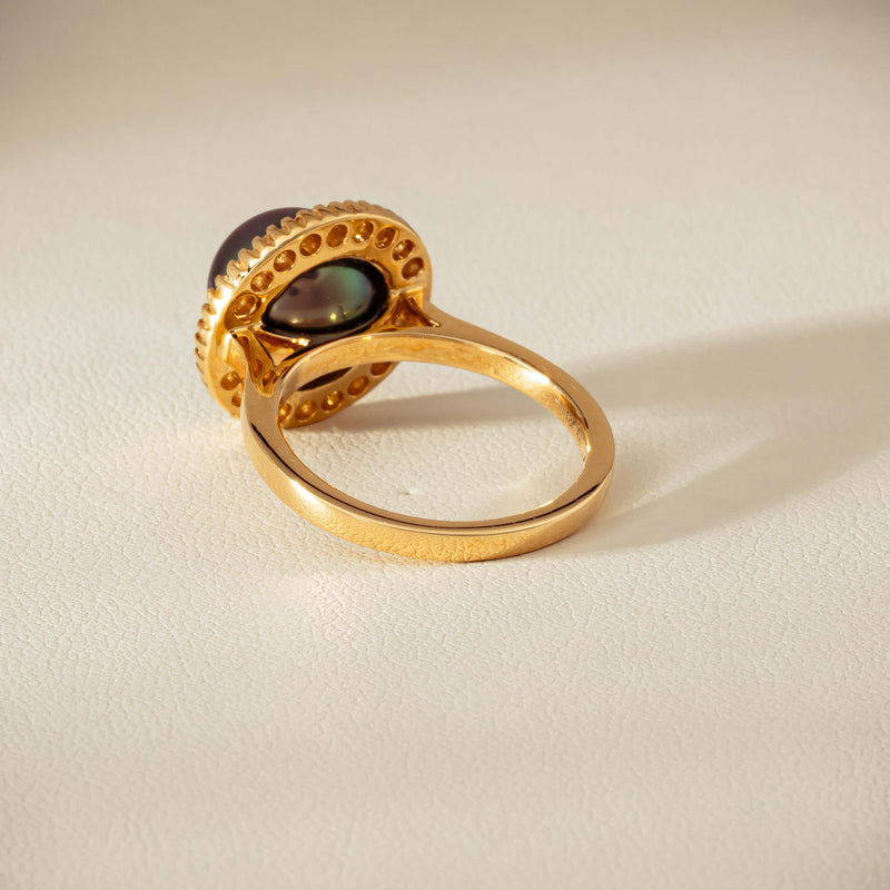 18ct Yellow Gold 10mm Tahitian Pearl & Diamond Daisy Ring - Ring - Walker & Hall