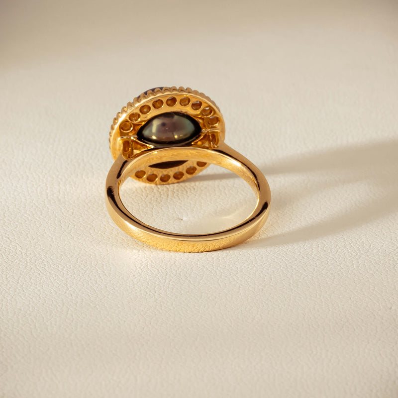 18ct Yellow Gold 10mm Tahitian Pearl & Diamond Daisy Ring - Ring - Walker & Hall