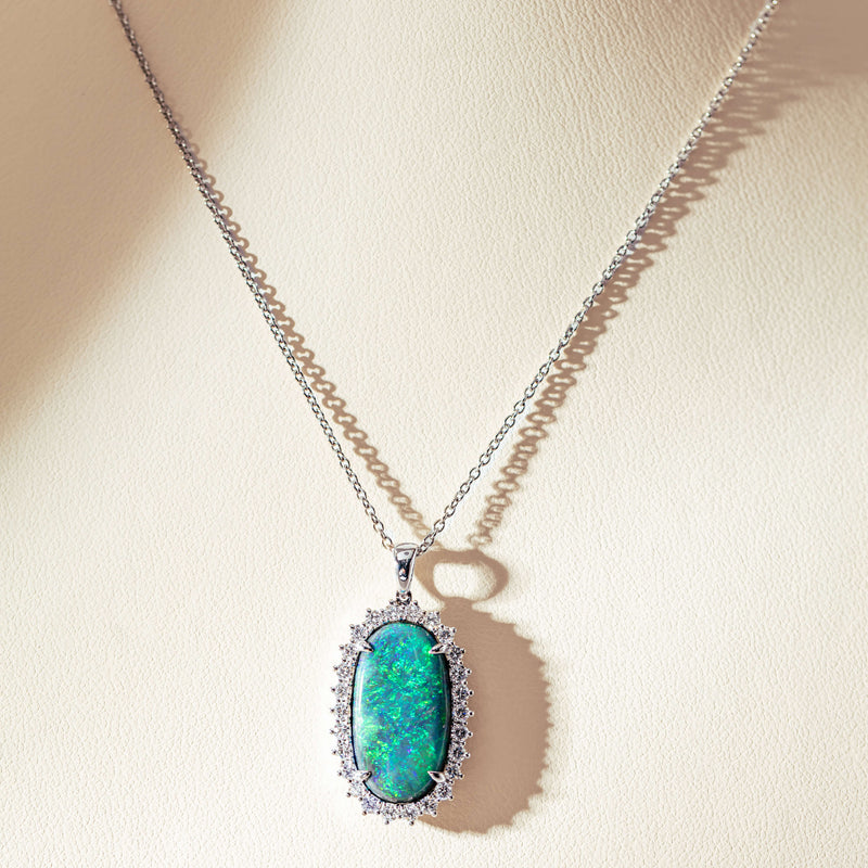 18ct White Gold 5.12ct Opal & Diamond Belle Pendant-Necklace-Walker & Hall