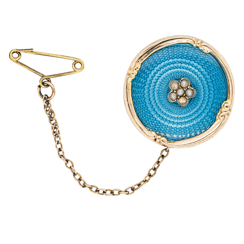 Vintage 9ct Yellow Gold Champlevé Enamel & Seed Pearl Brooch-Brooch-Walker & Hall