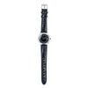 Watch with black strap and silver case on a white background