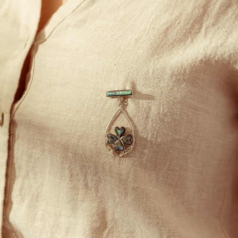 Deja Vu Silver Paua Four Leaf Clover Brooch-Brooch-Walker & Hall