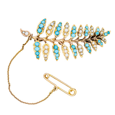 Vintage 15ct Gold Turquoise & Pearl Fern Brooch-Brooch-Walker & Hall