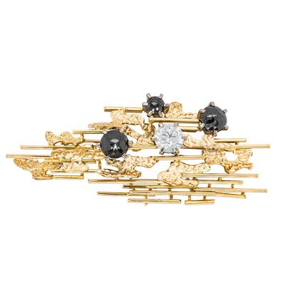 Vintage 18ct Yellow Gold White & Black Diamond Brooch-Brooch-Walker & Hall