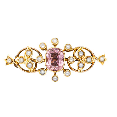 Vintage 13ct Yellow Gold Pink Tourmaline & Seed Pearl Brooch-Brooch-Walker & Hall