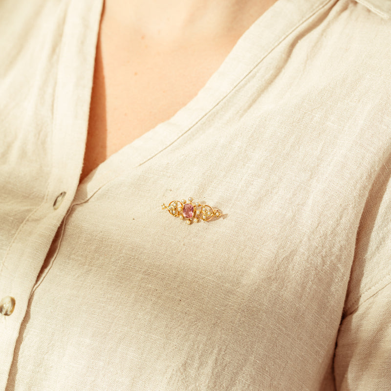 Vintage 13ct Yellow Gold Pink Tourmaline & Seed Pearl Brooch-Brooch-Walker & Hall