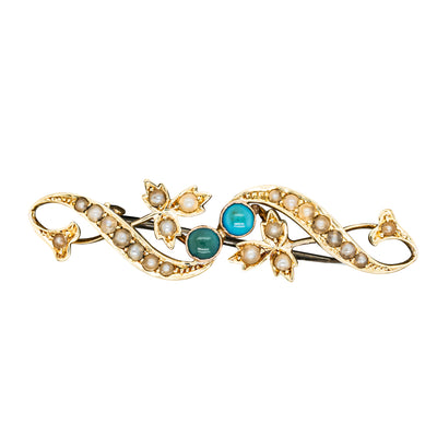 Vintage 15ct Yellow Gold Turquoise & Seed Pearl Brooch-Brooch-Walker & Hall