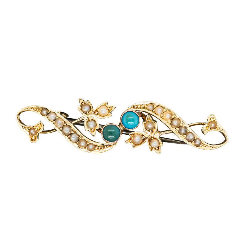 Vintage 15ct Yellow Gold Turquoise & Seed Pearl Brooch-Brooch-Walker & Hall
