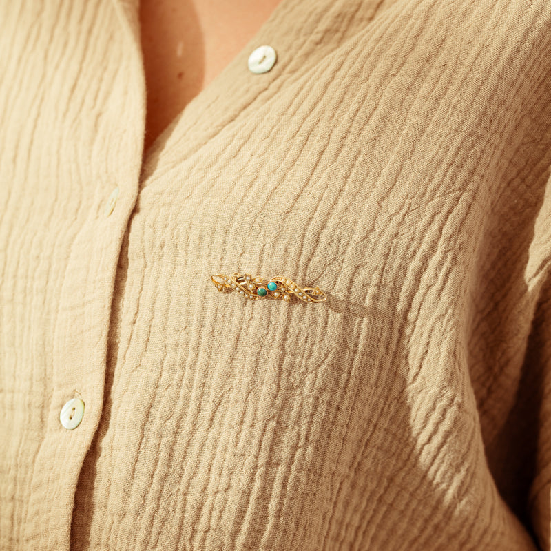 Vintage 15ct Yellow Gold Turquoise & Seed Pearl Brooch-Brooch-Walker & Hall