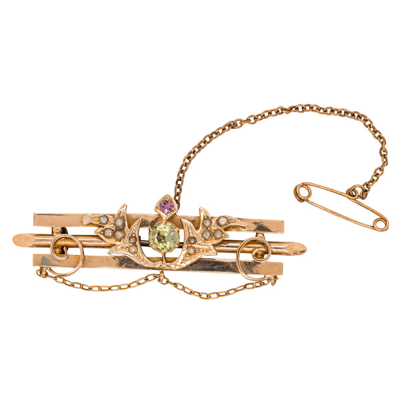 Vintage 9ct Yellow Gold Multi Gem Bar Brooch-Brooch-Walker & Hall