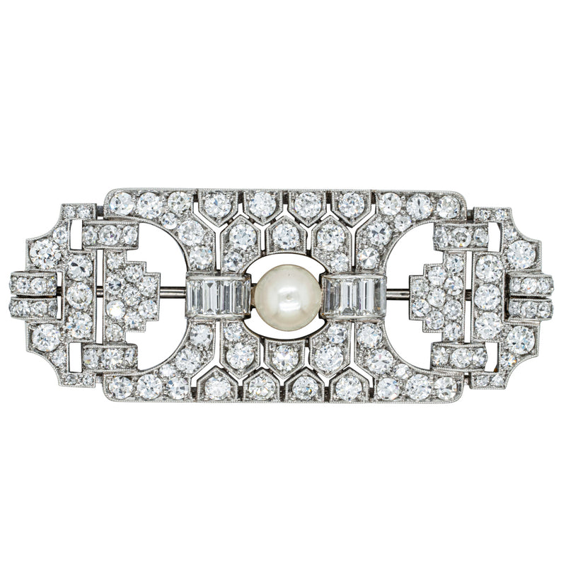 Vintage Platinum 4.57ct Diamond and Pearl Brooch-Brooch-Walker & Hall