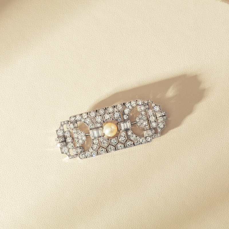 Vintage Platinum 4.57ct Diamond and Pearl Brooch-Brooch-Walker & Hall