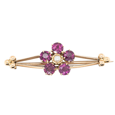 Vintage 12ct Yellow Gold Garnet and Pearl Flower Brooch - Brooch - Walker & Hall