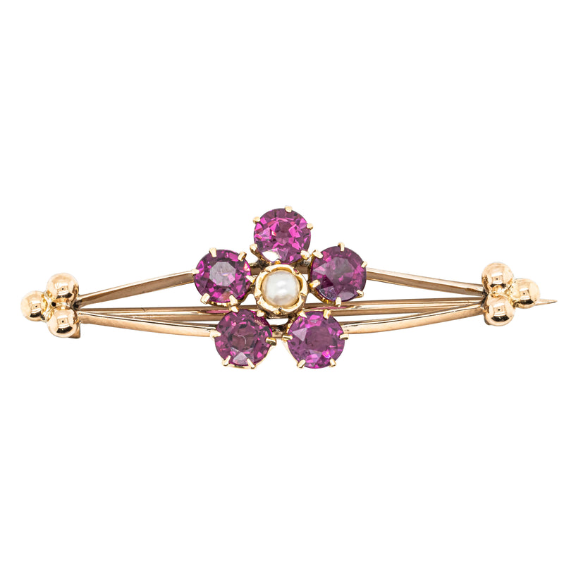 Vintage 12ct Yellow Gold Garnet and Pearl Flower Brooch - Brooch - Walker & Hall