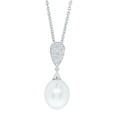 9ct White Gold Pearl & Diamond Pendant-Necklace-Walker & Hall