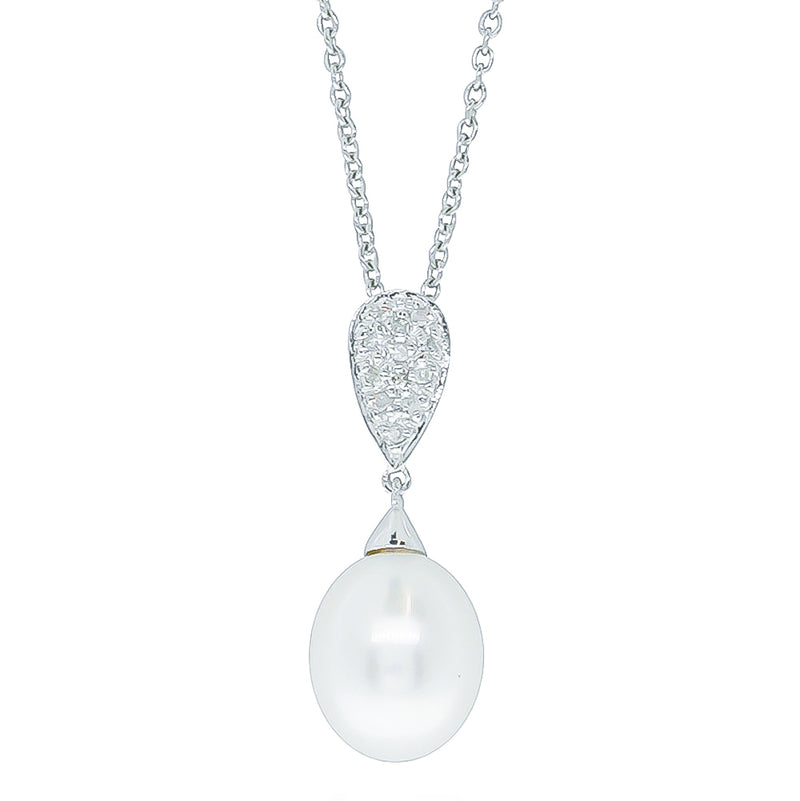 9ct White Gold Pearl & Diamond Pendant-Necklace-Walker & Hall