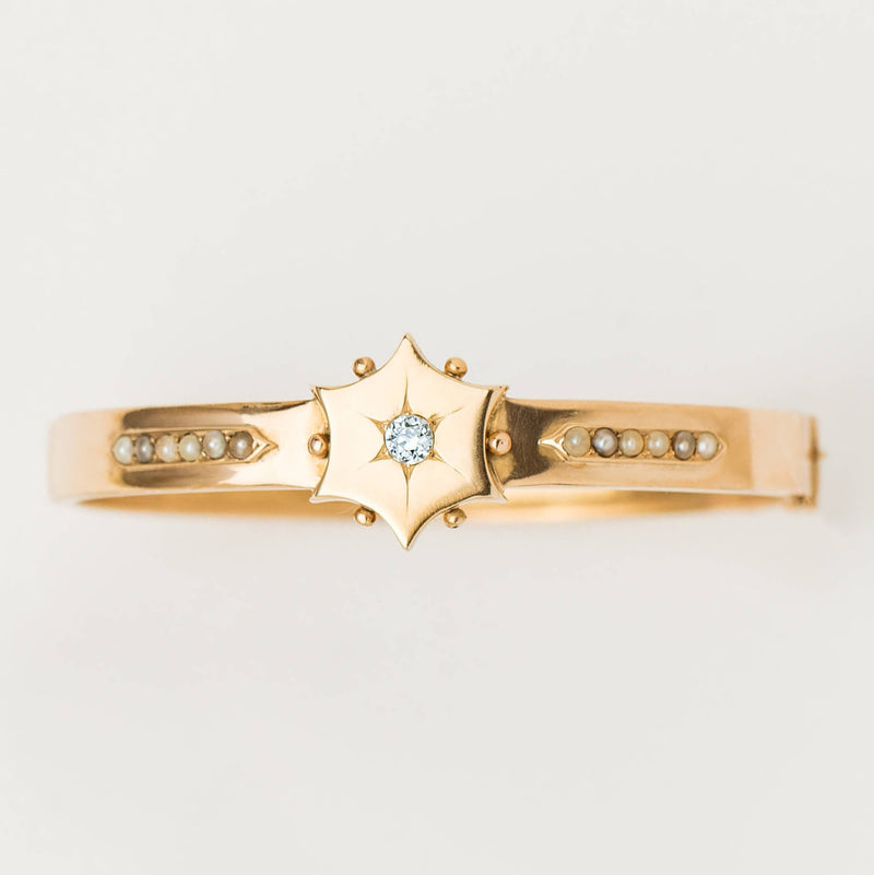 Vintage 15ct Yellow Gold Hollow Diamond & Seed Pearl Bangle - Bracelet - Walker & Hall