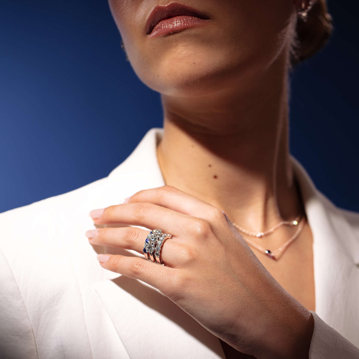 Model wearing diamond Trilogy Ring