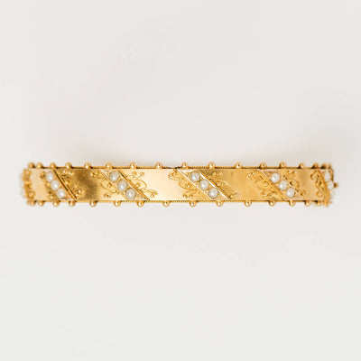 Vintage 18ct Yellow Gold Hollow Seed Pearl Bangle - Bracelet - Walker & Hall