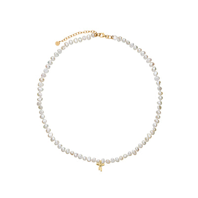 Karen Walker Petite Bow With Pearls Necklace - 9ct Yellow Gold-Necklace-Walker & Hall