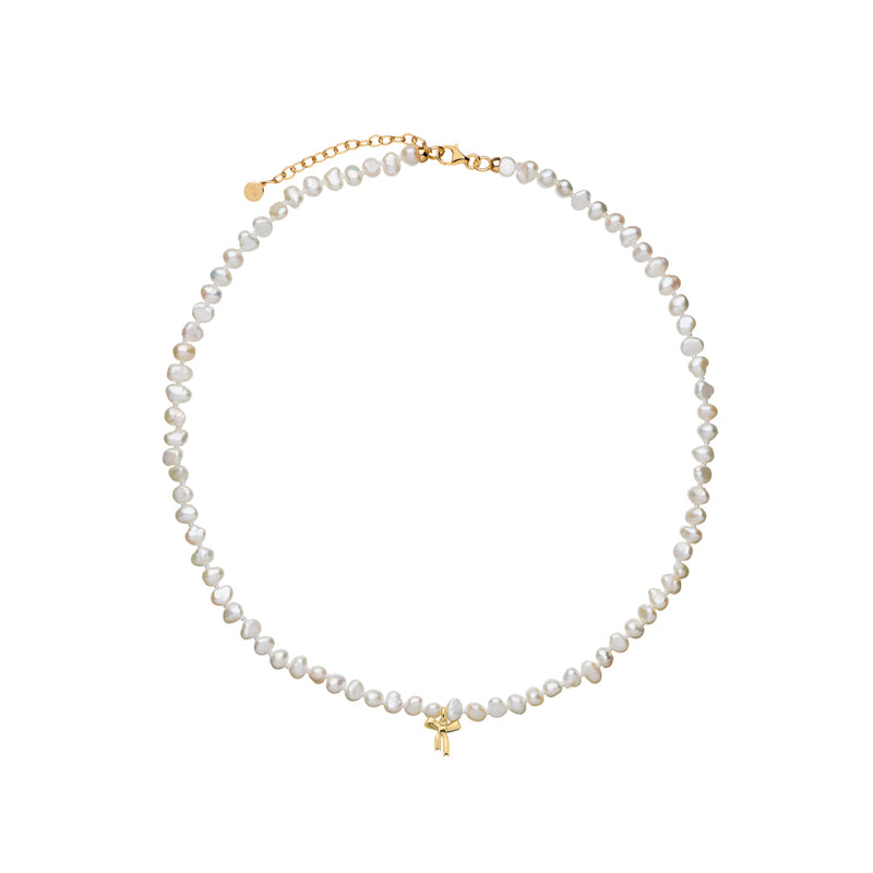 Karen Walker Petite Bow With Pearls Necklace - 9ct Yellow Gold-Necklace-Walker & Hall