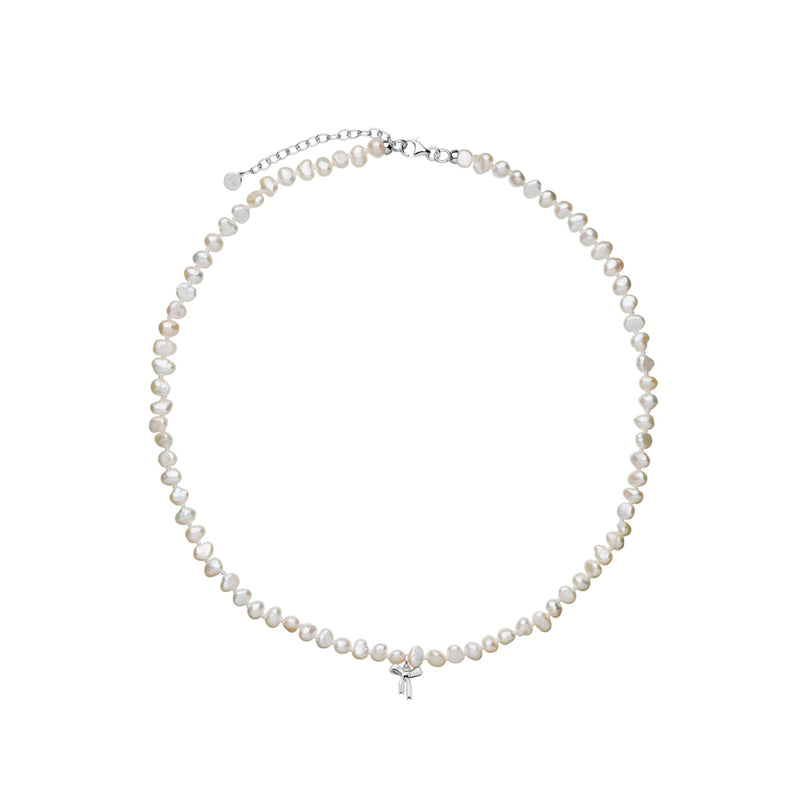 Karen Walker Petite Bow With Pearls Necklace - Sterling Silver-Necklace-Walker & Hall