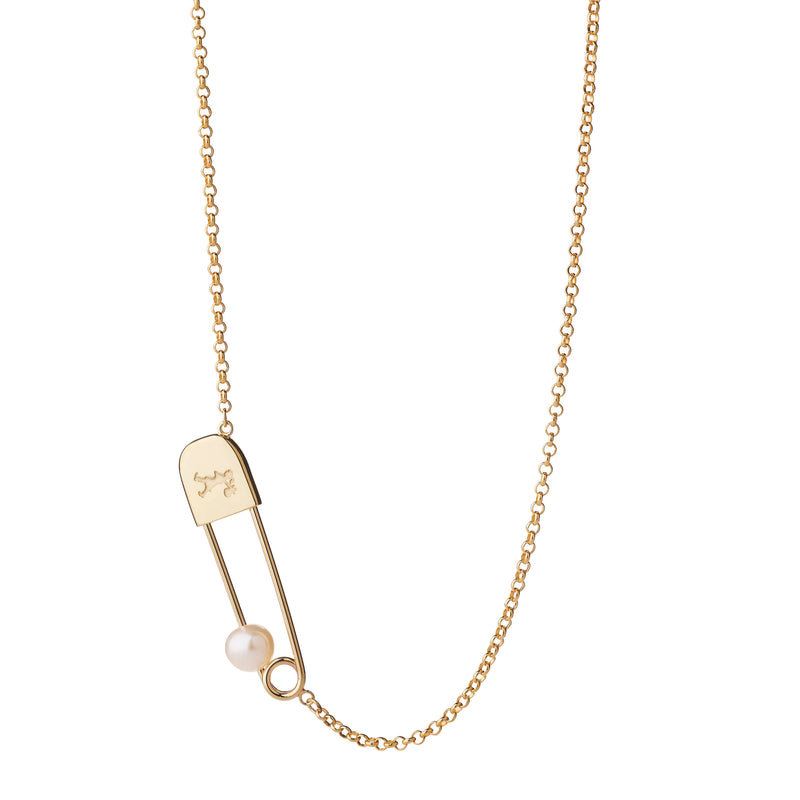 Karen Walker Runaway Safety Pin Necklace - 9ct Yellow Gold & Pearl-Necklace-Walker & Hall
