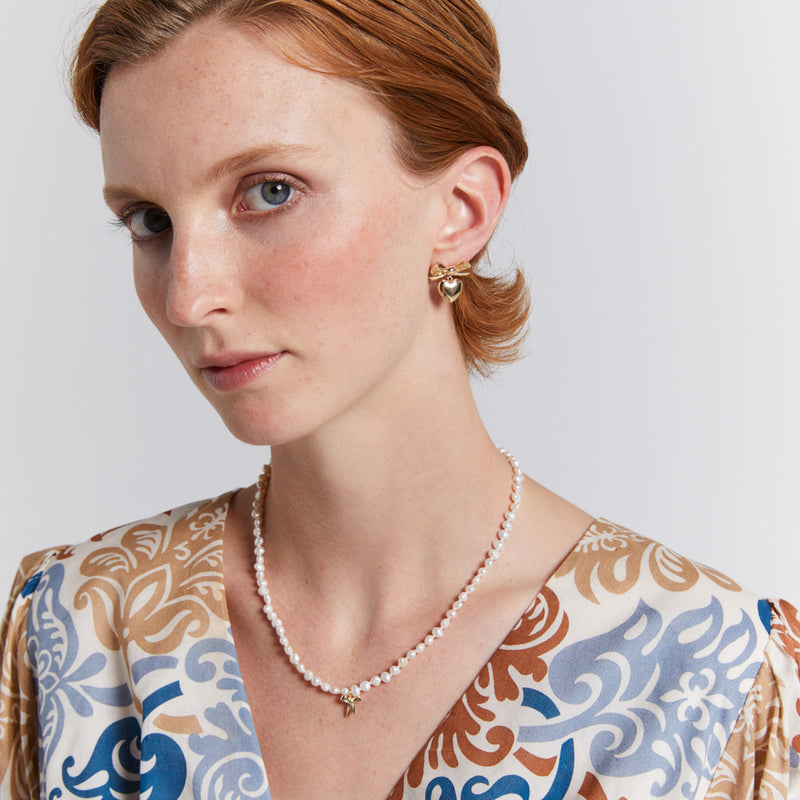Karen Walker Petite Bow With Pearls Necklace - 9ct Yellow Gold-Necklace-Walker & Hall
