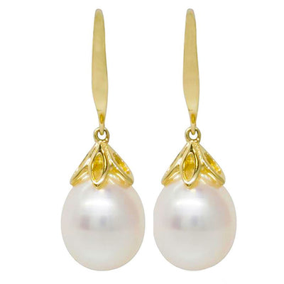 9ct Yellow Gold Petal Drop Pearl Earrings-Earrings-Walker & Hall
