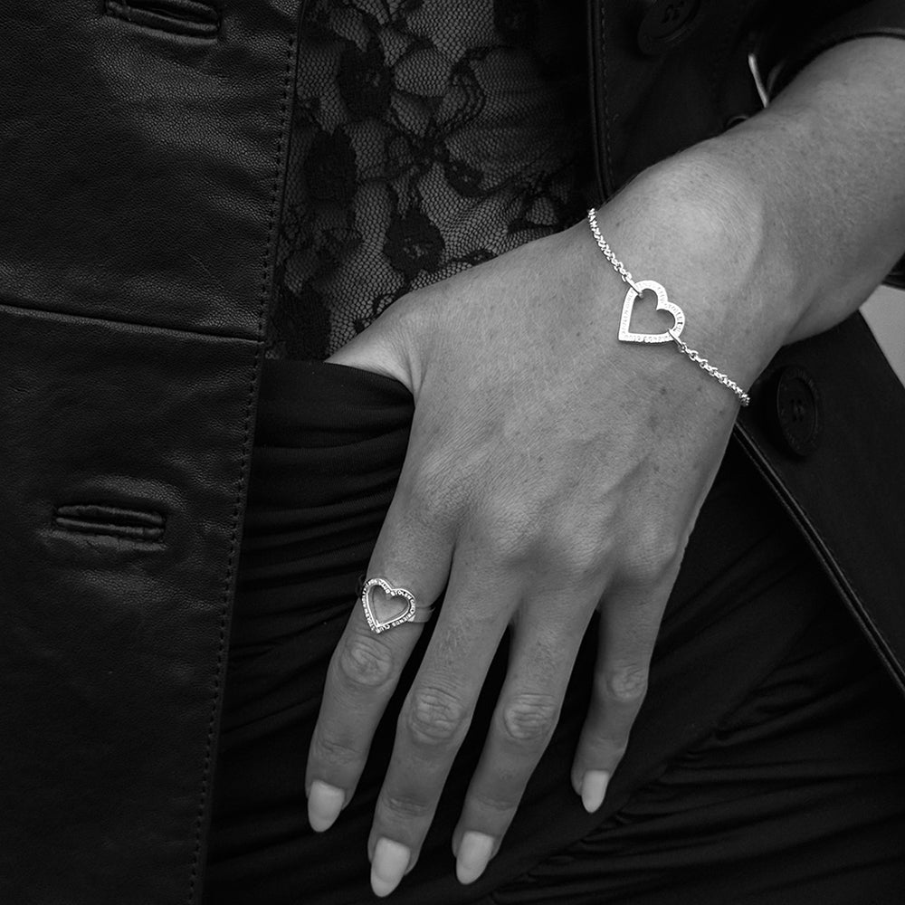 Model wearing Stolen Girlfriends Club Halo Heart Bracelet and Ring
