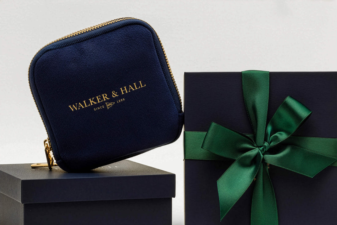 Walker & Hall Travel Pouch and wrapped gift box
