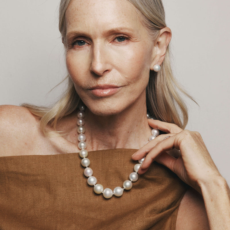 Model wearing South Sea Pearl Necklace and Earrings