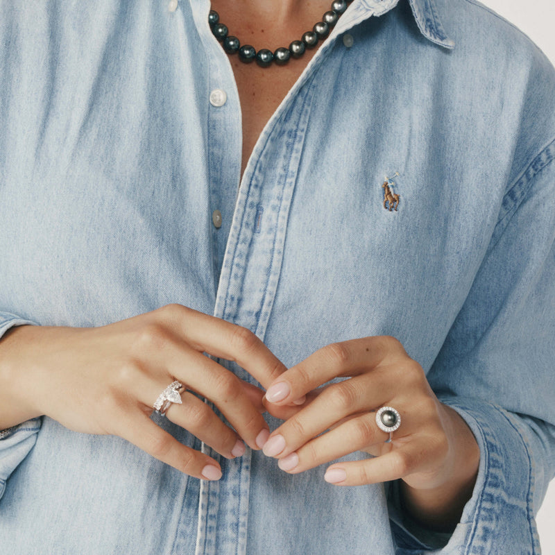 18ct White Gold 9.1mm Tahitian Black Pearl & Diamond Daisy Ring-Ring-Walker & Hall