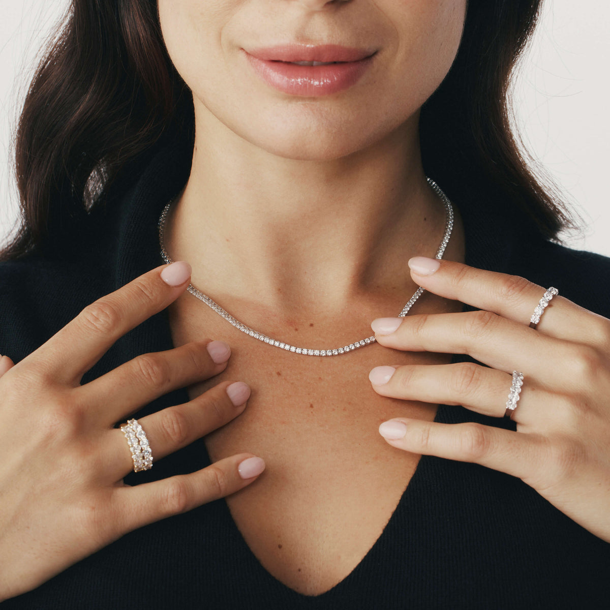 Model wearing Natural Diamond Panorama Necklace and Rings