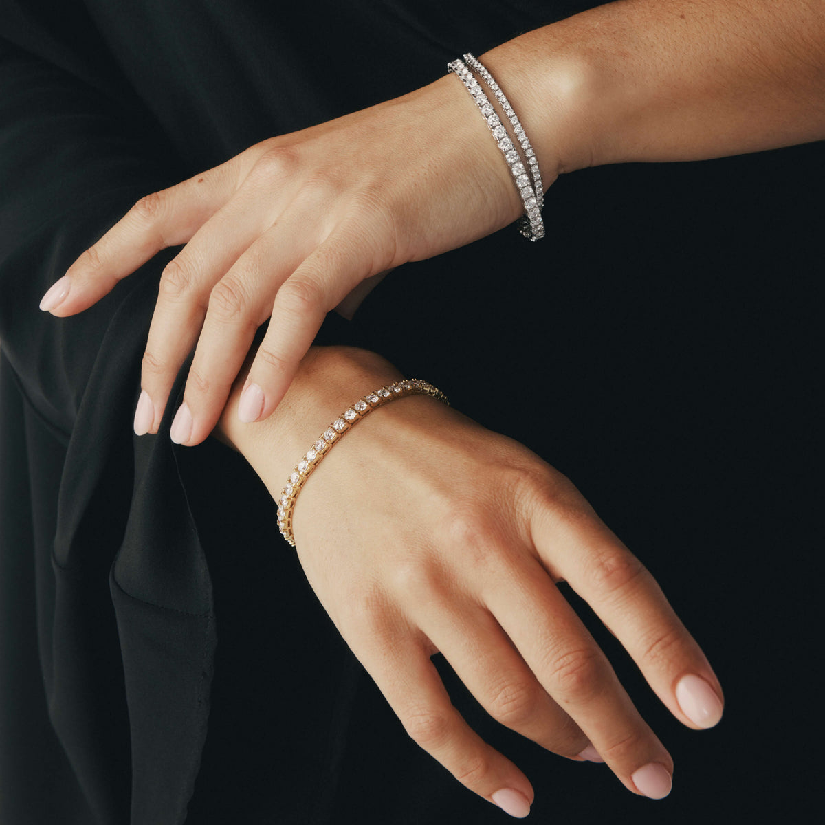 Model wearing natural diamond Jubilee Bracelets