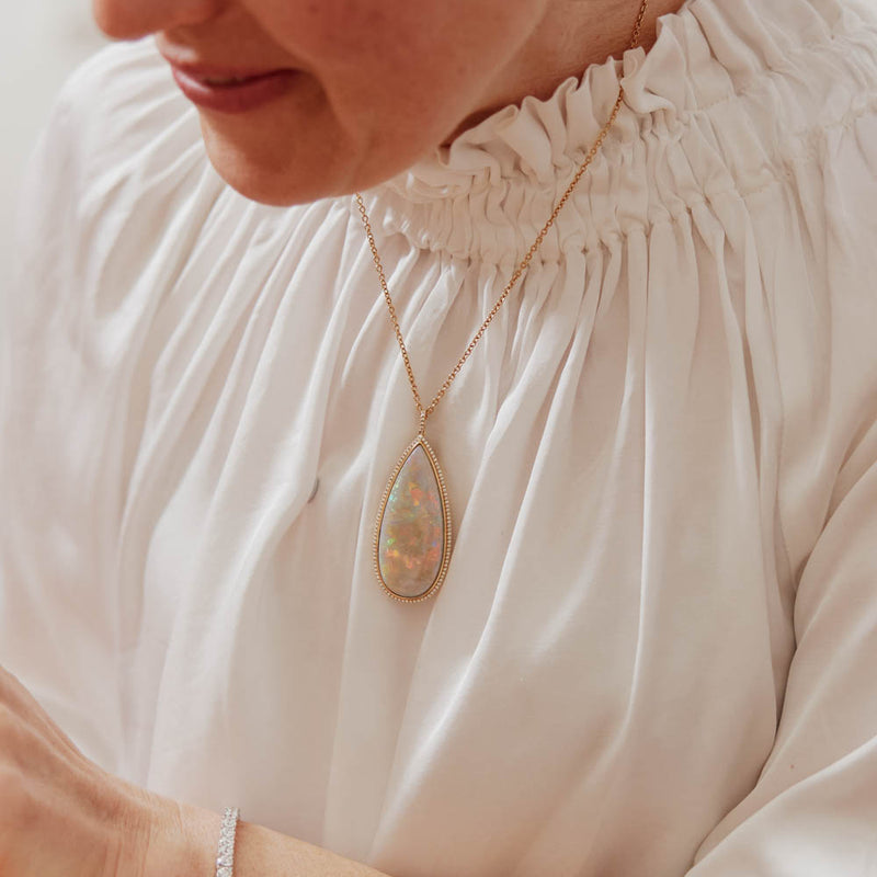 18ct Yellow Gold Opal & Diamond Pendant-Necklace-Walker & Hall