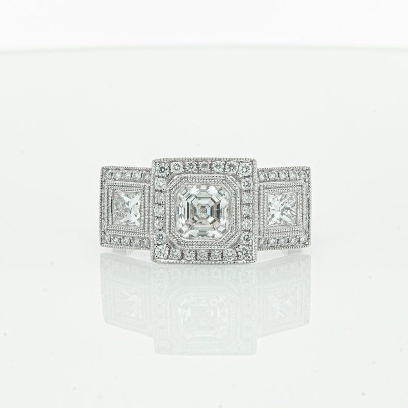 18ct White Gold Emerald Cut Diamond Halo Ring-Ring-Walker & Hall