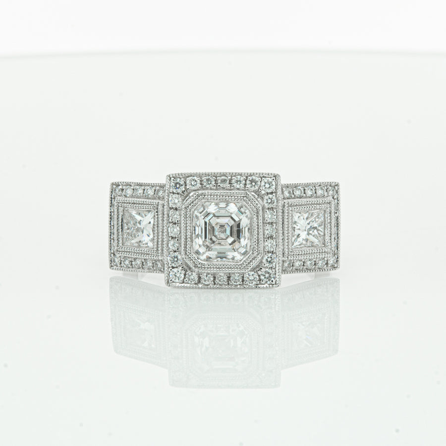 18ct White Gold Emerald Cut Diamond Halo Ring-Ring-Walker & Hall