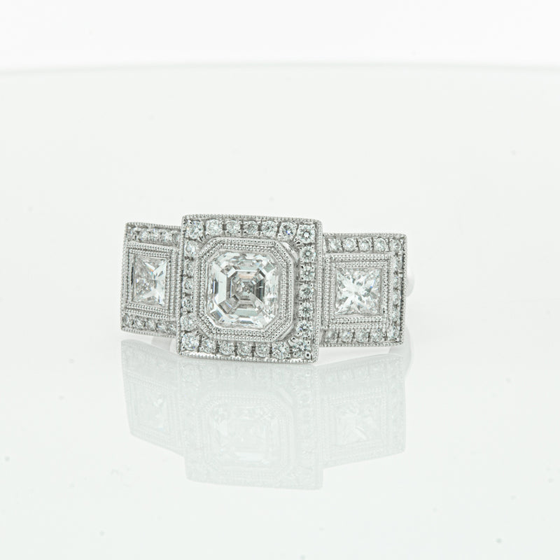 18ct White Gold Emerald Cut Diamond Halo Ring-Ring-Walker & Hall