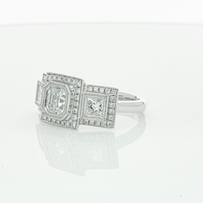 18ct White Gold Emerald Cut Diamond Halo Ring-Ring-Walker & Hall