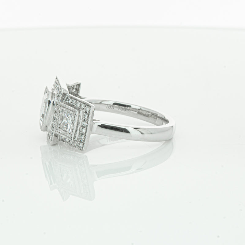 18ct White Gold Emerald Cut Diamond Halo Ring-Ring-Walker & Hall