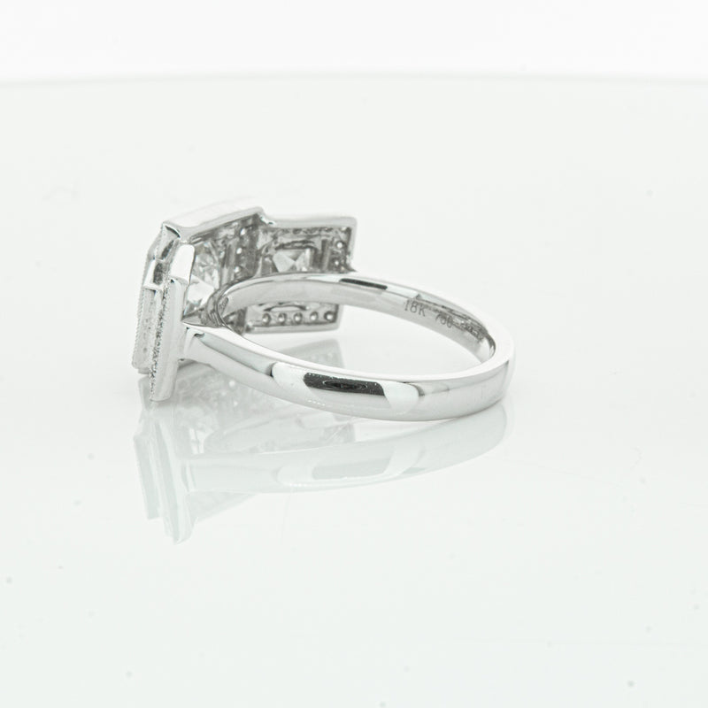 18ct White Gold Emerald Cut Diamond Halo Ring-Ring-Walker & Hall