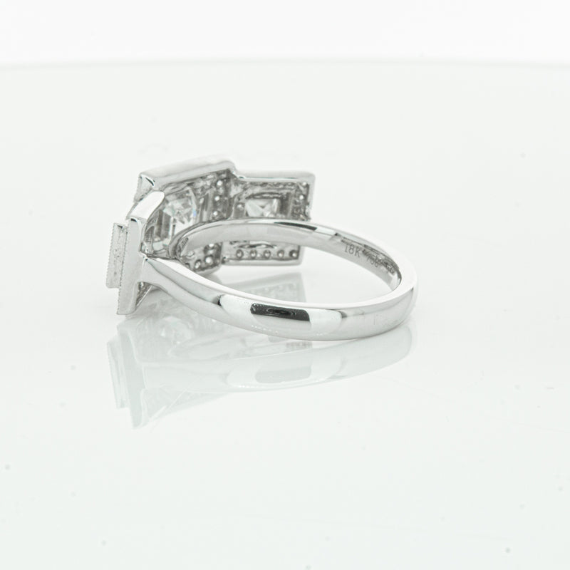 18ct White Gold Emerald Cut Diamond Halo Ring-Ring-Walker & Hall