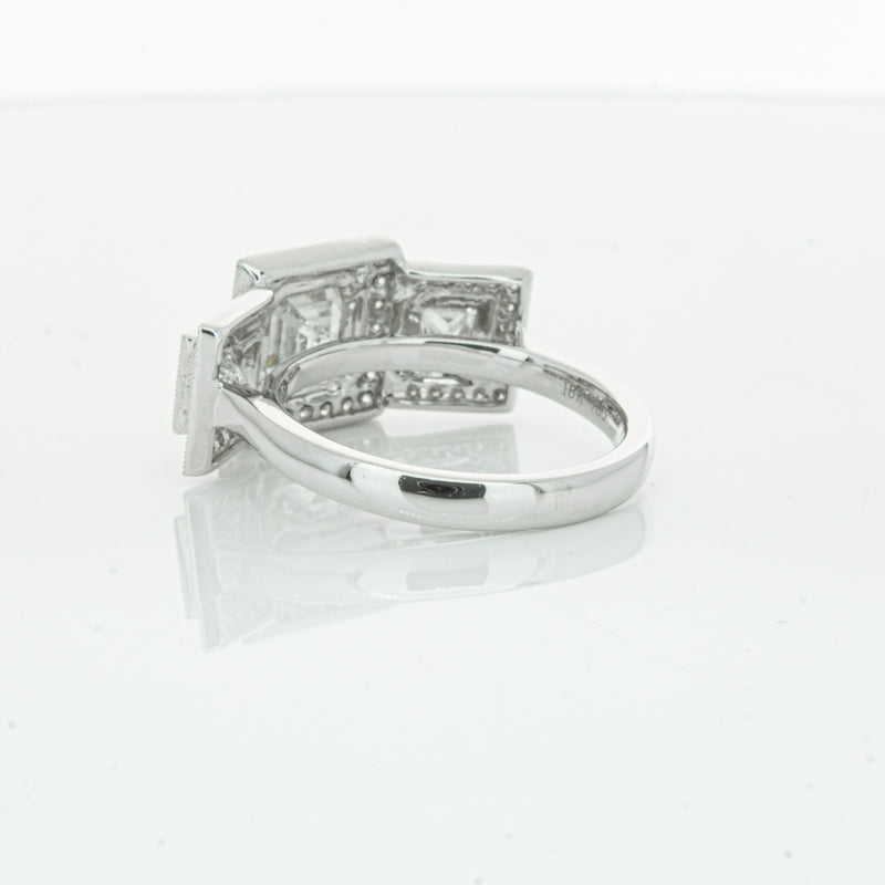 18ct White Gold Emerald Cut Diamond Halo Ring-Ring-Walker & Hall