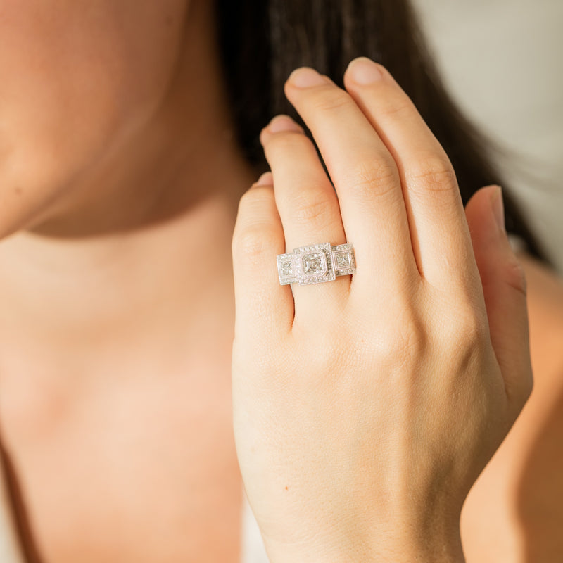 18ct White Gold Emerald Cut Diamond Halo Ring-Ring-Walker & Hall